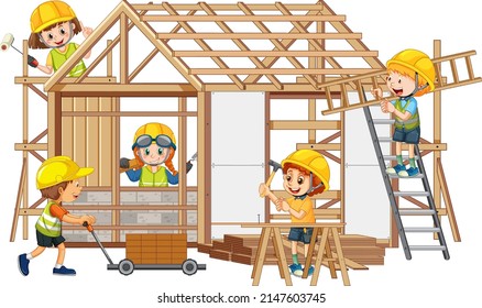 House construction site with cartoon workers illustration