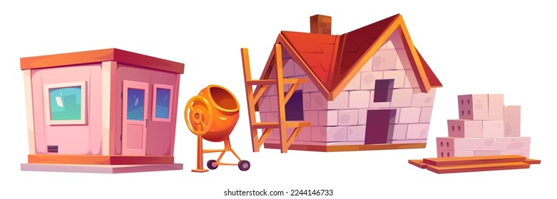 House construction site design elements set isolated on white background. Cartoon vector illustration of building with roof, door and windows, pile of bricks, workers cottage and concrete mixer svg