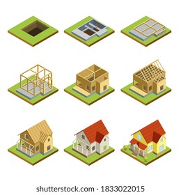 House construction site set. Isolated isometric house building stage icons. Home construction process collection. Cottage structure foundation, roof, wall architecture vector illustration