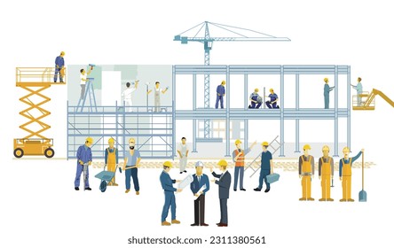 House construction site with tradesmen and construction machinery, illustration