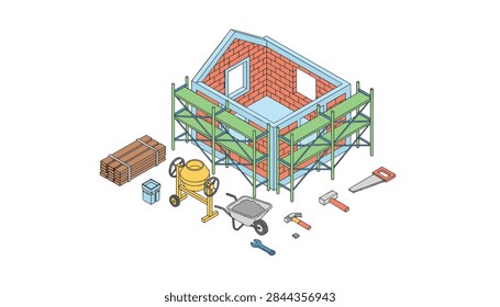 House construction site under development showing brick walls, scaffolding, and essential building tools for a home project.