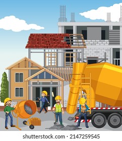 Lugar de construcción de casas con ilustraciones de caricaturas de trabajadores