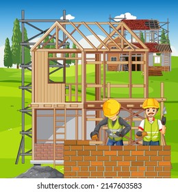 Lugar de construcción de casas con ilustraciones de caricaturas de trabajadores