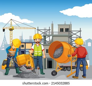 House construction site with workers illustration