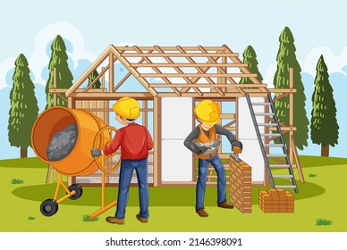 Construcción de viviendas con ilustraciones de trabajadores