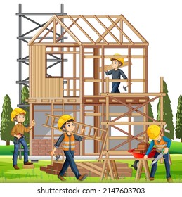Construcción de viviendas con ilustraciones de trabajadores