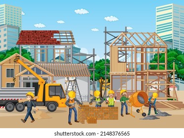 Construcción de viviendas con ilustraciones de trabajadores