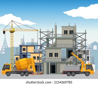 Construcción de viviendas con ilustraciones de trabajadores