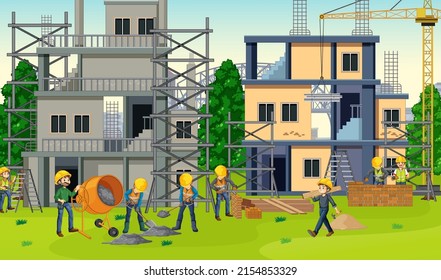 House construction site with workers illustration