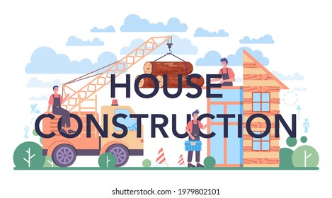 House construction typographic header. Workers building home with tools and materials. Process of house building. City development concept. Isolated flat vector illustration