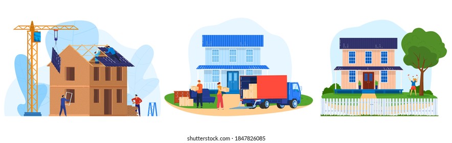 House Construction Vector Illustration Set. Cartoon Flat Professional Builder Characters Working On Constructing Home Walls And Roof Structure, Truck Furniture Delivery In Townhouse Isolated On White