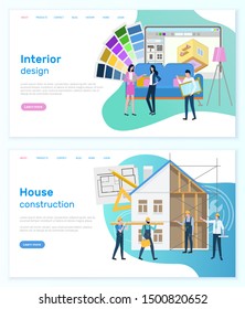 House construction vector, interior design, designers thinking on color palette and solution for estate. Monitor with application, people building. Website or webpage template, landing page flat style