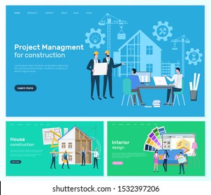 House construction vector, people building new estates, managers with plans and schemes. Constructors and designers working on design set. Website or webpage template, landing page flat style