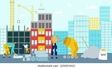 House construction work, vector illustration. Worker builder character use equipment at industry site, architecture crane design.