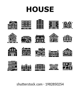 Construcciones de la casa Iconos Set Vector. Casa De Pueblo Y Hogar Móvil, Edificio Villa Y Palacio, Apartamento Y Residencia Pictogramas De Glifo Ilustraciones Negras