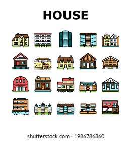 House Constructions Collection Icons Set Vector. Townhome House And Mobile Home, Villa And Palace Building, Apartment And Residence Concept Linear Pictograms. Contour Color Illustrations