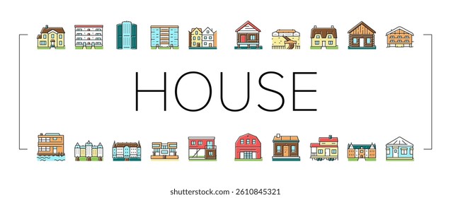 House Constructions Collection Icons Set Vector. Townhome House And Mobile Home, Villa And Palace Building, Apartment And Residence Concept Linear Pictograms. Contour Color Illustrations
