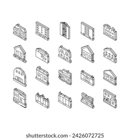 House Constructions Collection isometric icons set. Townhome House And Mobile Home, Villa And Palace Building, Apartment And Residence Concept Linear Pictograms. Contour Color .