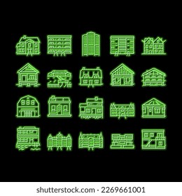 House Constructions neon light sign vector. Townhome House And Mobile Home, Villa And Palace Building, Apartment And Residence Illustrations