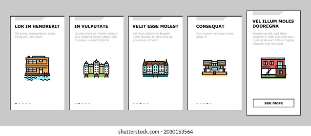 House Constructions Onboarding Mobile App Page Screen Vector. Townhome House And Mobile Home, Villa And Palace Building, Apartment And Residence Illustrations
