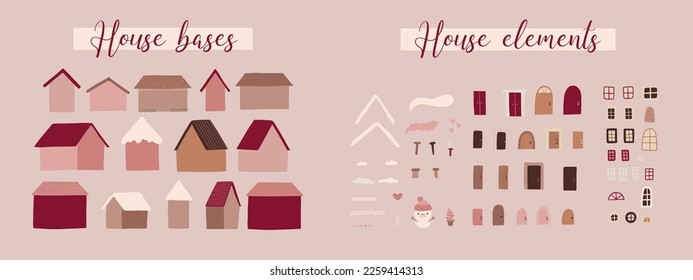 House constructor. House bases with elements. Sweet winter homes and snow, roofs, windows, doors, plants and snowman. Make your perfect building. Vector illustration.