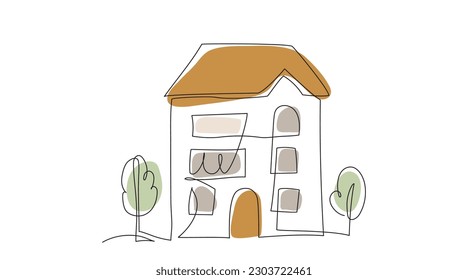 Haus in kontinuierlicher Linie Kunstzeichnung Stil mit organischen Formen, Vektorgrafik. Wohnungsbaukonzept für Logo, Symbol, Konstruktion. Einzeln auf weißem Hintergrund.