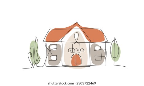 Casa en estilo de dibujo de línea continua con formas de color orgánico, ilustración vectorial. Concepto de construcción residencial para logo, símbolo, construcción. Aislado sobre fondo blanco.