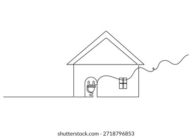 Casa desenho de linha contínua com símbolo de plugue elétrico para conceito de energia renovável