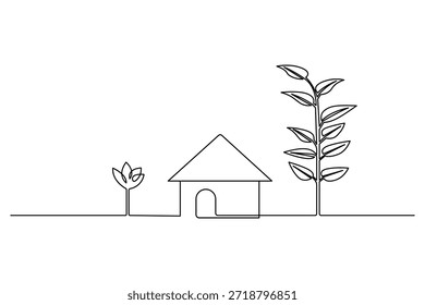House continuous line drawing with trees and plants for eco friendly living and garden concept