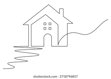 Dibujo de línea continua de la casa con camino ondulado para el concepto de bienes raíces e hipotecas