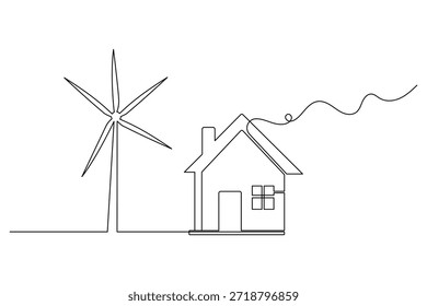 Dibujo continuo de la línea de la casa con la turbina de viento para la energía renovable y el concepto respetuoso del medio ambiente