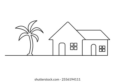 House continuous one line art drawing with outline vector illustration