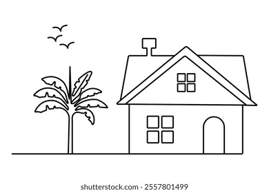 House continuous one line art drawing of white background 