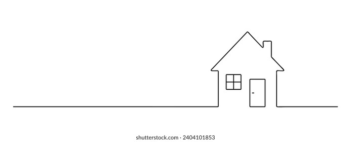 house continuous one line drawing, cottage building lineart, black line vector illustration, horizontal design element