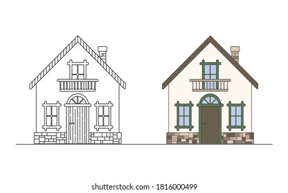 Haus. Contour und Farbbild eines Hauses auf weißem Hintergrund. Design-Element. Vektorgrafik.