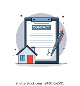 House with Contract and Pen Vector Illustration. Real Estate Concept Design.