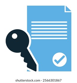 House Contract Vector Icon, Key and Paper Document with Checklist, Real Estate Agreement, Home ownership, Property Purchase, Legal Paperwork, Rental Lease, Mortgage Deal Illustration