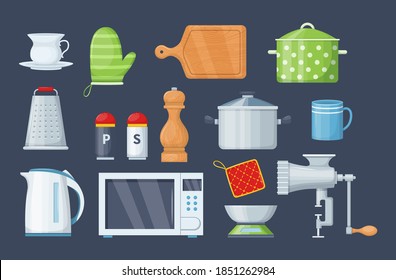 Küchenutensilien zum Kochen. Küchengeschirr, Kochgegenstände, Küchenwaage, Kochnische, Muschel, Fleischschleifer, Schinken, Mikrowellenherd, Wasserkocher, saucepanischer Cartoon, Vektorgrafik