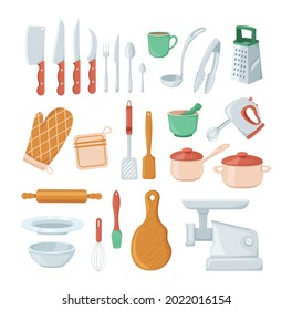 House cookware utensils for cooking, metallic and ceramic kitchen crockery. Kitchenware cooking objects, equipment for cooking, cups, dishes, bowls, knives, cutlery, pots, meat grinder, mixer vector