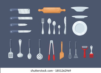 House cookware utensils for cooking. Set of kitchen knives, cutlery forks, spoons, set of ladles, potholders, tongs, spatulas, plates, whisks and brushes for baking, peel cleaner cartoon vector