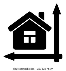 House at coordinate axes solid icon, architecture project concept. Vector graphics. Cottage building render sign on white background, glyph style mobile or design