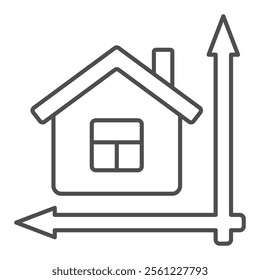 House at coordinate axes thin line icon, architecture project concept. Vector graphics. Cottage building render sign on white background, outline style icon for mobile or web design