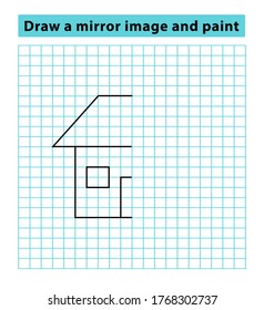 The house is copied and painted a picture, an educational game for preschoolers, children. Complete the picture. Draw a mirror image and paint. Copy the picture. Coloring book. Copy by grid.