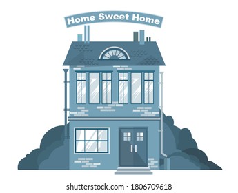 House, cottage, estate. Stylized image in blue colors. Above the inscription - Home sweet home. Symbol, emblem. Vector illustration