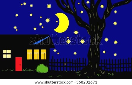 House cottage with glowing windows on the background of the moon the stars in the night sky