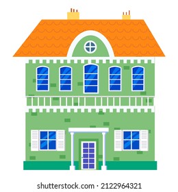 Casa de campo con vistas al frente, coloridas propiedades. Construcción urbana suburbana de dibujos animados, ilustración vectorial
