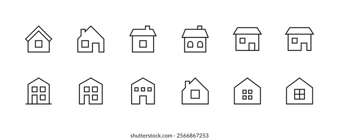 House and cottage icon collection. Townhouse, habitation, real estate, house exterior, premises, rural house and more. Editable stroke. Pixel Perfect. Grid base 32px.