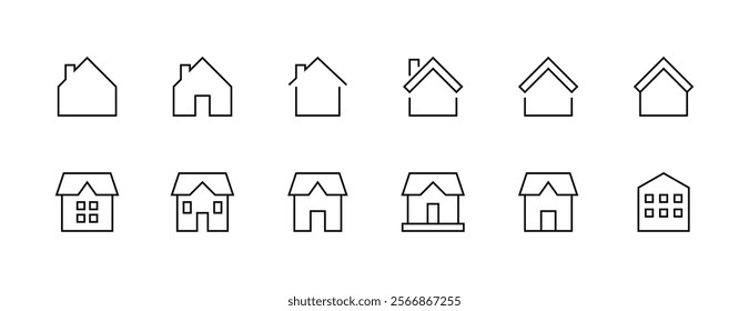 House and cottage icon collection. Townhouse, habitation, real estate, house exterior, premises, rural house and more. Editable stroke. Pixel Perfect. Grid base 32px.