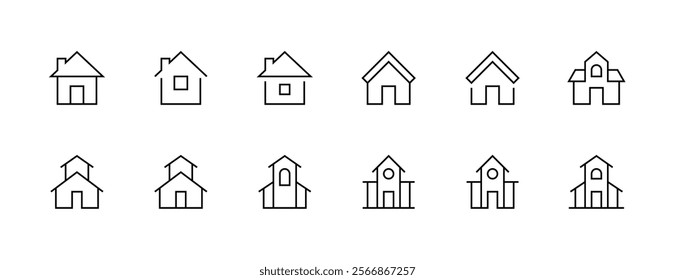 House and cottage icon collection. Townhouse, habitation, real estate, house exterior, premises, rural house and more. Editable stroke. Pixel Perfect. Grid base 32px.