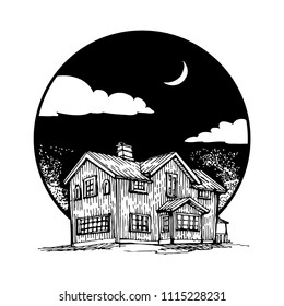 House, cottage icon vector illustration with dark sky circle black and white sketch for tattoo and logo